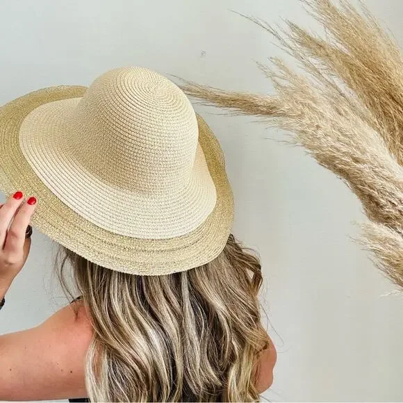VINTAGE NORDSTROM Cream Tan Straw Wide Brim Floppy Gold Metallic Ribbon Sun Hat - Picture 3 of 10